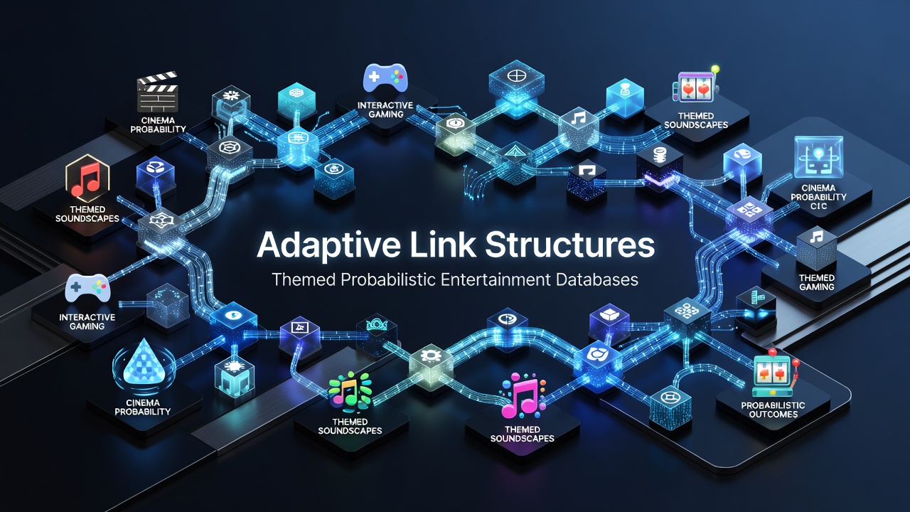 Diagram illustrating adaptive link structures connecting themed sections within probabilistic entertainment databases