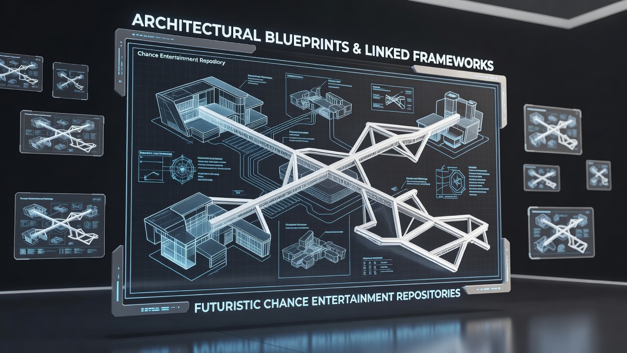 Detailed architectural blueprint diagram showing interconnected frameworks and routing nodes in digital entertainment systems