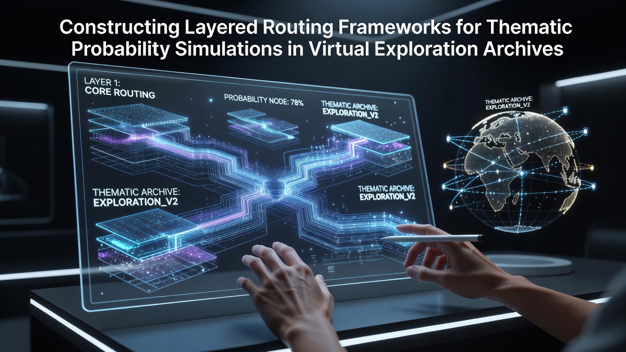 Diagram showing layered routing architecture connecting thematic nodes in a virtual simulation archive