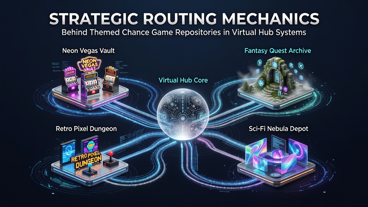 Diagram of routing pathways connecting themed game repositories within virtual hub architectures