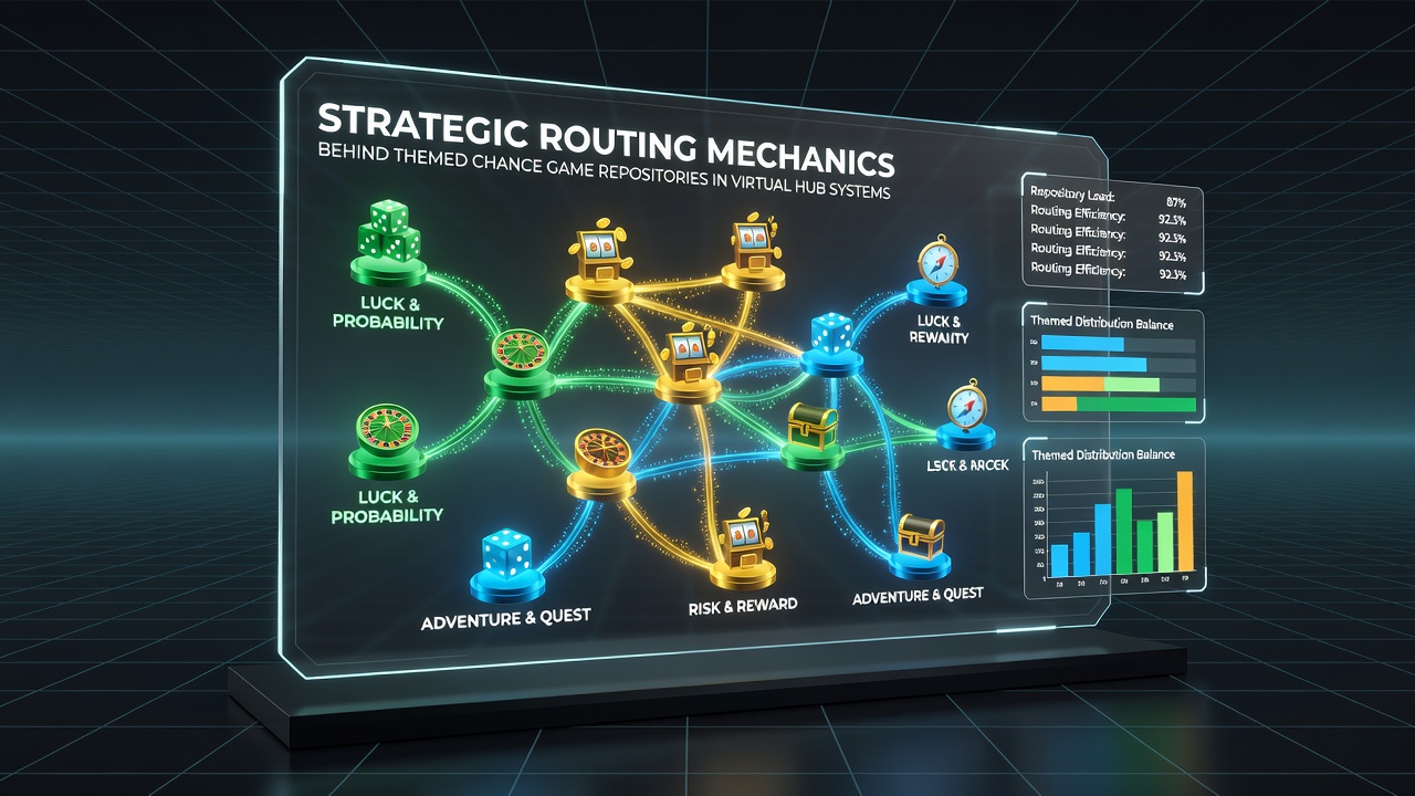 Illustration showing geographic node distribution and thematic routing connections in virtual gaming systems