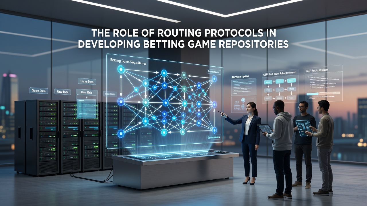 Server infrastructure illustration depicting interlinked routing paths for online gaming data repositories