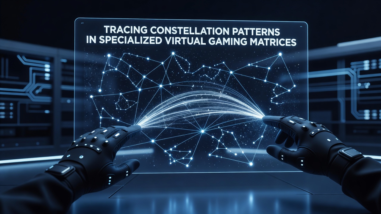 Visualization of constellation patterns mapped across interconnected nodes in a virtual gaming matrix